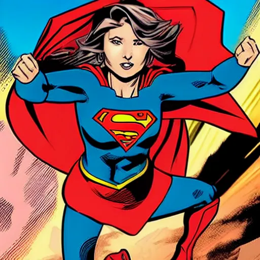 Image similar to in the style of rafael albuquerque comic art, supergirl saving the day.