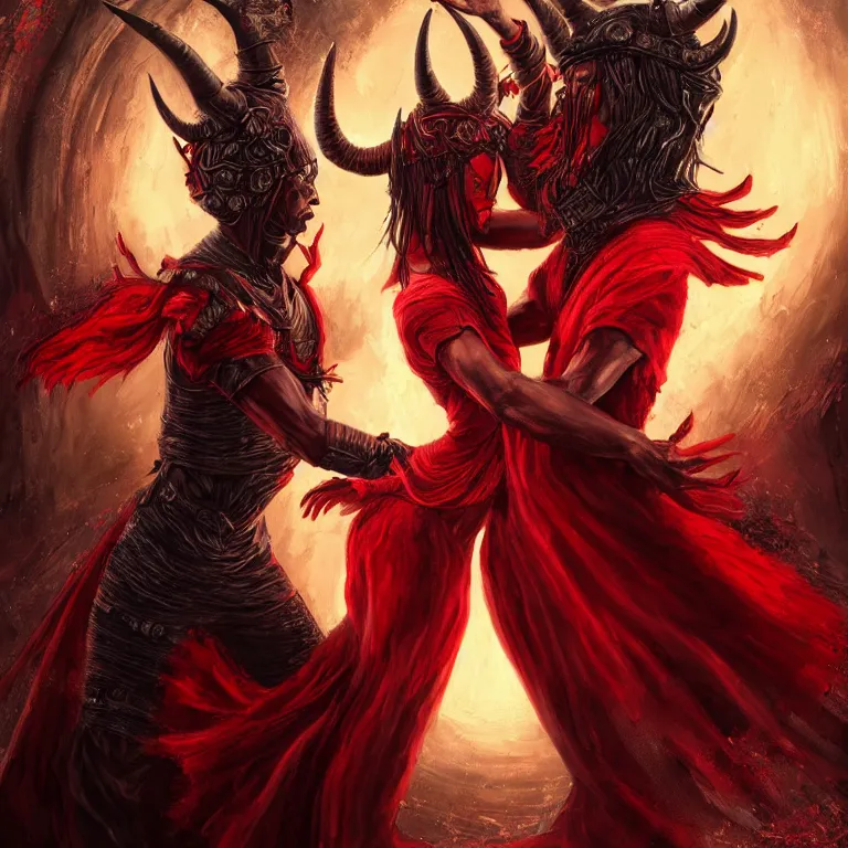 Prompt: beautiful painting of black man and a female devil in red dress with horns are dancing together, in style of Dark Souls 3 and Elden Ring, fantasy matte painting, golden ratio, trending on cgsociety, cinematic, trending on artstation, highly detailed, vibrant