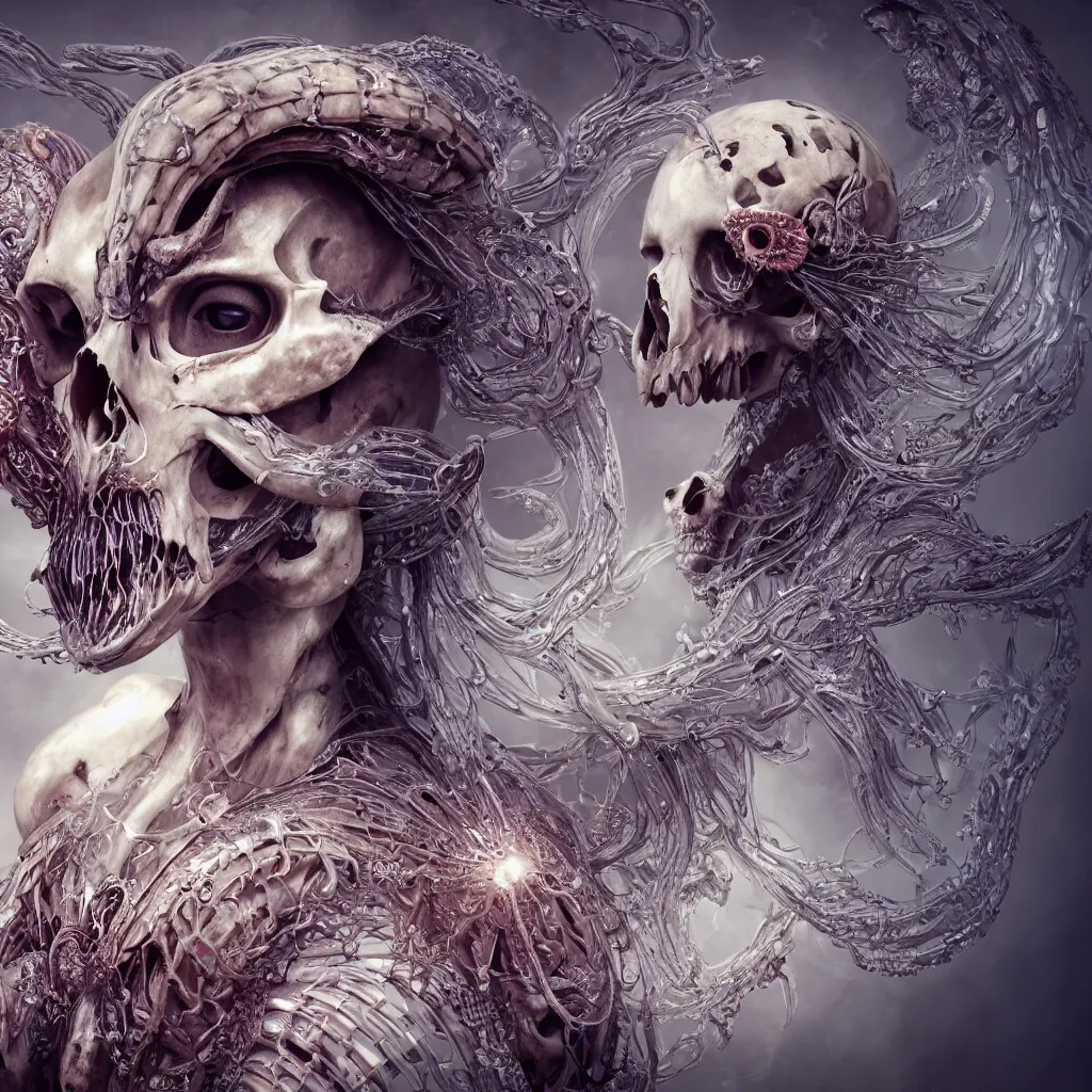 Image similar to close-up macro portrait of the face of a beautiful princess with animal skull mask, epic angle and pose, ribcage bones symmetrical artwork, 3d with depth of field, blurred background, cybernetic jellyfish female face skull phoenix bird, translucent, nautilus, energy flows of water and fire. a highly detailed epic cinematic concept art CG render. made in Maya, Blender and Photoshop, octane render, excellent composition, cinematic dystopian brutalist atmosphere, dynamic dramatic cinematic lighting, aesthetic, very inspirational, arthouse. y Greg Rutkowski, Ilya Kuvshinov, WLOP, Stanley Artgerm Lau, Ruan Jia and Fenghua Zhong