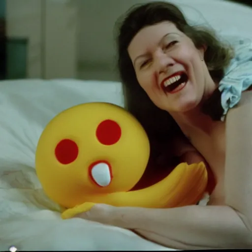 Prompt: happy woman who has given birth to a squishy inflatable toy, in hospital bed, 1974 color Fellini film, technicolor film, 16mm, wacky children's tv with anthropomorphic animal