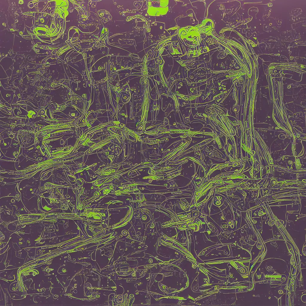 Image similar to toads, big toad, mechanical, technical, abstract, acrylic, oil, circuit board, computers, vektroid album cover, vectors, drips, dimensions, tears, leaks, glitches, frogs, amphibians, geometry, data, datamosh, motherboard, minimal, code, cybernetic, painting, dark, eerie, cyber