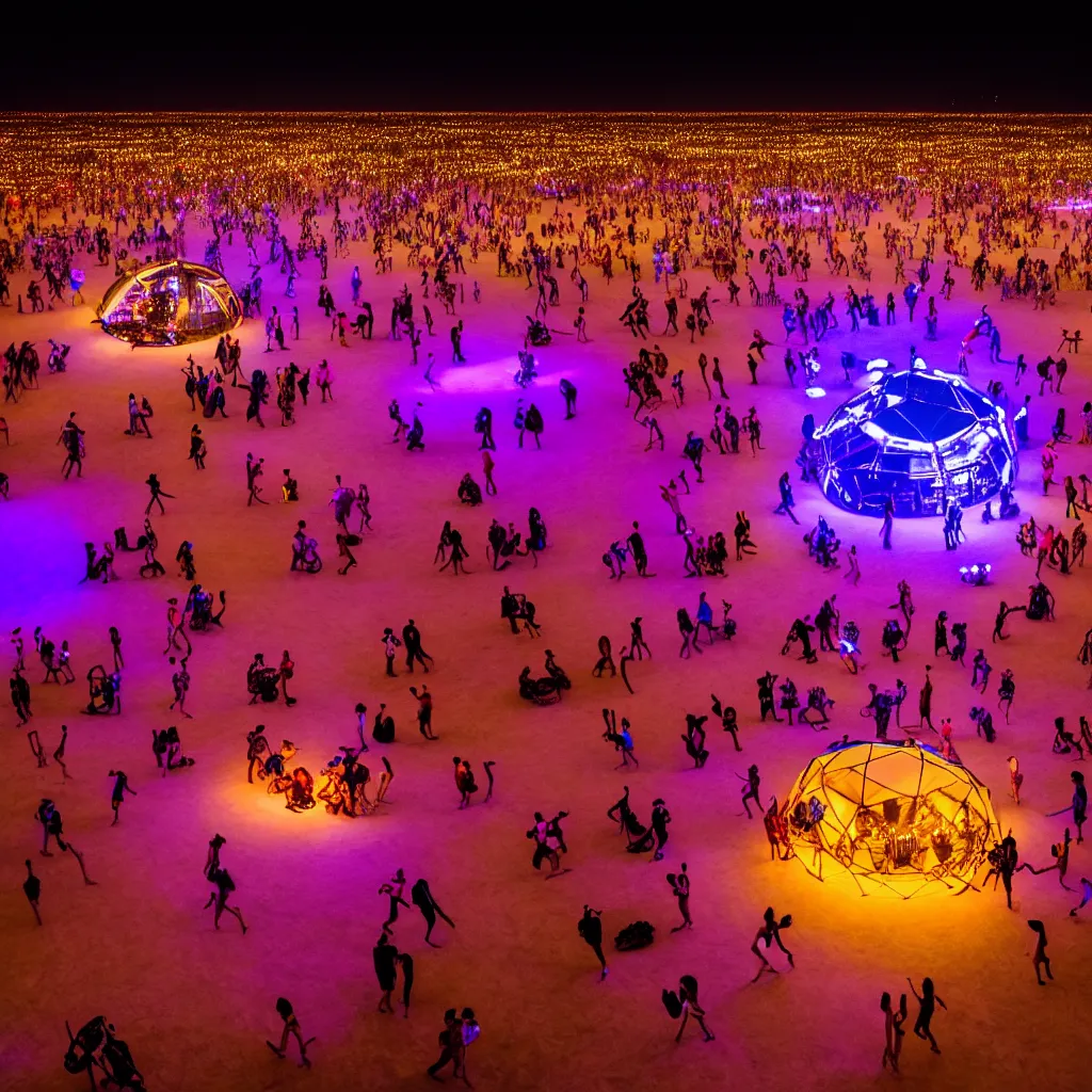 Prompt: dancefloor kismet, revellers, front left speaker, burningman, night, the australian desert, zaha hadid, xf iq 4, 1 5 0 mp, 5 0 mm, f 1. 4, iso 2 0 0, 1 / 1 6 0 s, dawn, golden ratio, rule of thirds