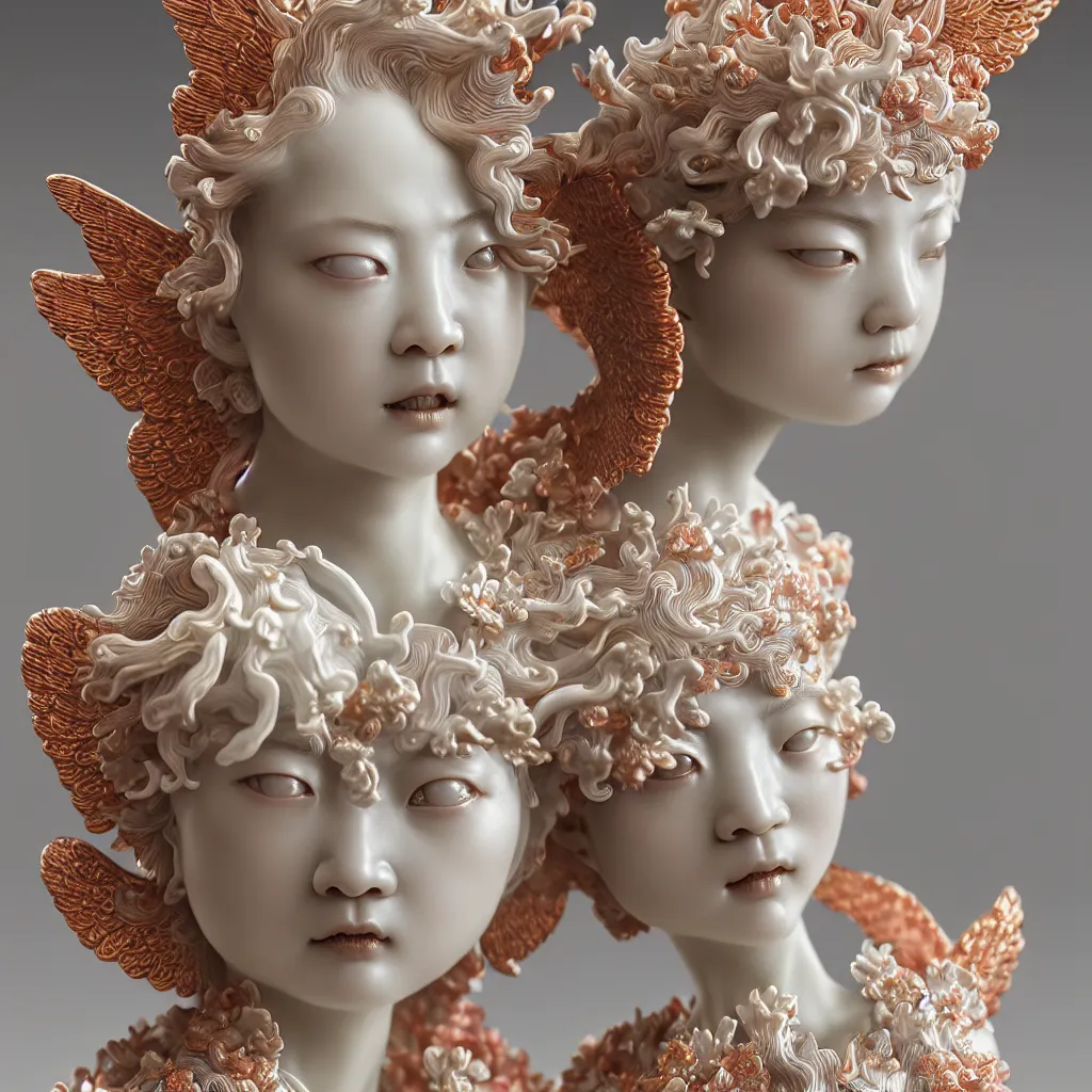 Image similar to A Close up photo-real delicate ceramic porcelain sculpture of an angel ornate detailed in front of an intricate background by Victo Ngai and takato yamamoto, micro detail, backlit lighting, face in focus, translucent, thin porcelain, octane renderer, colorful, physically based rendering, japanese pottery