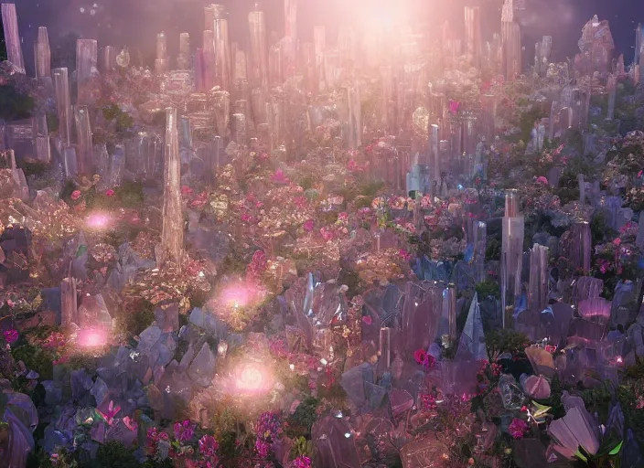 Prompt: shimmering crystal city made of diamond and rose quartz with gold decoration, sparkling in the sunlight, surrounded by flowers. trending on artstation.