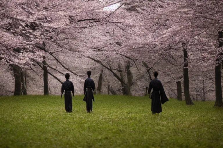 Prompt: vfx movie scene samurai couple stand off blades drawn in cherry blossom forest, natural lighting by emmanuel lubezki