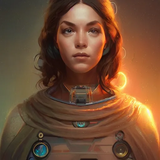 Image similar to portrait of the goddess of science and technology, upper body, D&D, intricate, cinematic lighting, highly detailed, digital painting, artstation, concept art, smooth, sharp focus, illustration, art by Artgerm and Greg Rutkowski