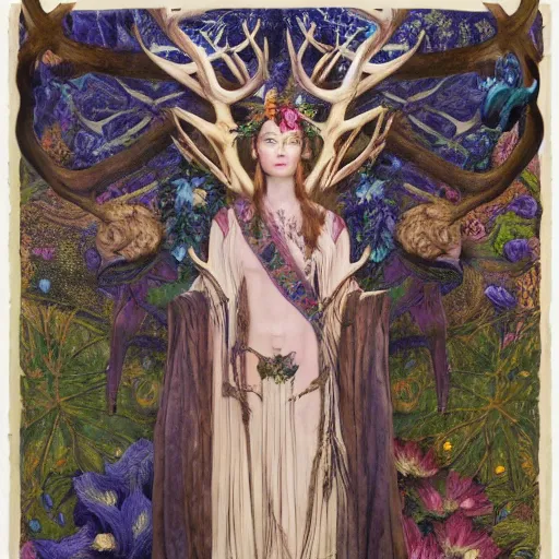 Prompt: queen of the forest wearing an antler crown, by Annie Swynnerton and Nicholas Roerich and (((Donato Giancola))), embroidered robes, floral tattoos, bioluminescent skin!, elaborate costume, geometric ornament, symbolist, soft colors, dramatic lighting, smooth, sharp focus, extremely detailed