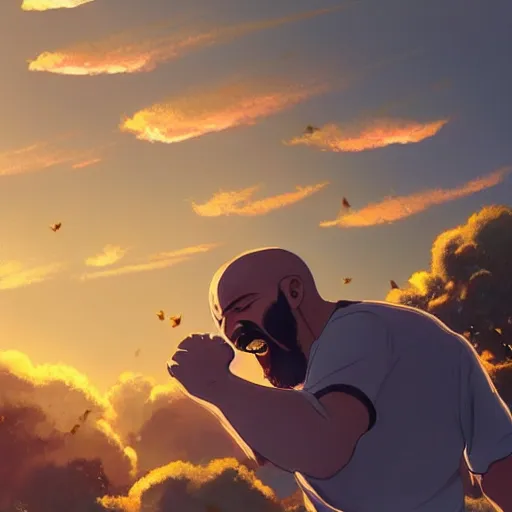 Image similar to a bearded man with shaved head screaming at a soccer ball, golden hour, dreamy, beautiful clouds, ultra detailed beautiful lighting, birds, light rays, wallpaper, suburbs, beautiful artwork by Makoto Shinkai,