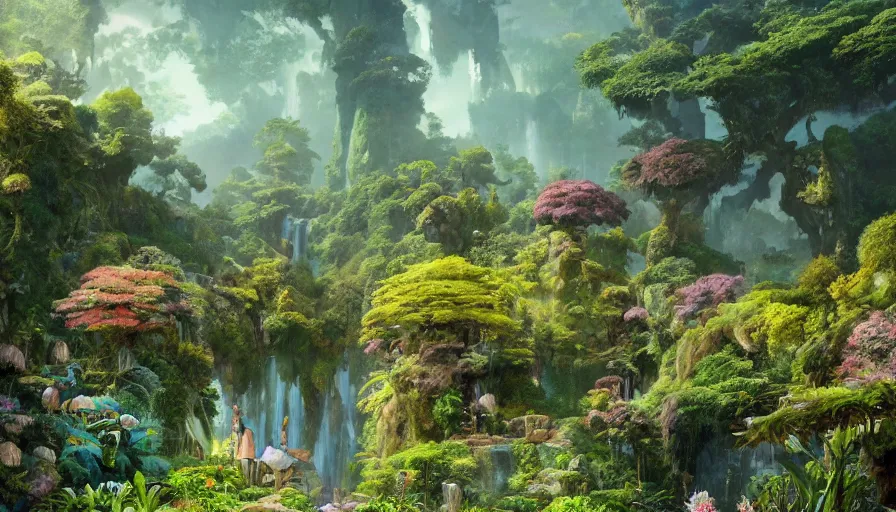 Image similar to craig mullins and studio ghibli illustration of the beastlands, avatar ( 2 0 0 9 ), lush landscape, jungle landscape, flowers, unreal engine, hyper realism, realistic shading, cinematic composition, realistic render, octane render, detailed textures, photorealistic, wide shot