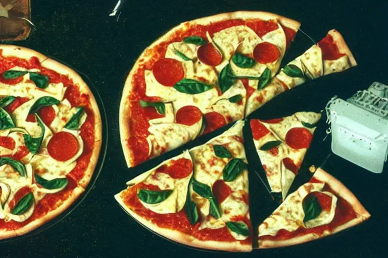 Image similar to pizza aspic in cyberspace, in 1 9 8 5, food photography, y 2 k cybercore, industrial low - light photography, still from a ridley scott movie