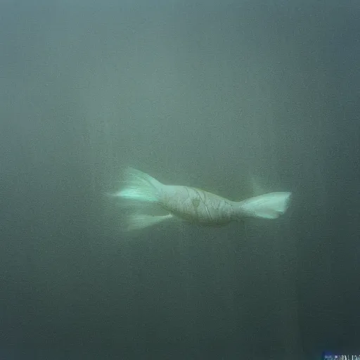 Image similar to film photography of a three headed fish swimming through cloudy fog by Kim Keever, low shutter speed, 35mm