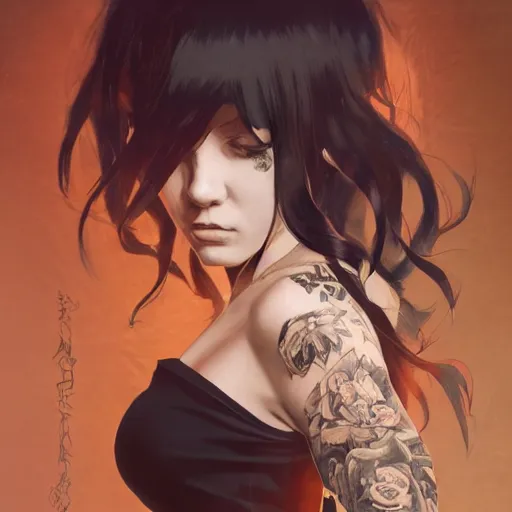 Image similar to enchanting bar maid, tattoos, black t - shirt, black skirt, detailed portrait, intricate complexity, by greg rutkowski, artgerm, ross tran, conrad roset, takato yomamoto, ilya kuvshinov. 4 k, beautiful, cinematic dramatic atmosphere