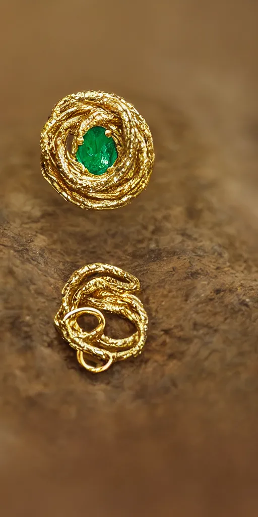 Prompt: a golden ring which is shaped in the form of an ouroboros with emerald jewels as eyes, Nikon D810, ƒ/5.6, focal length: 60.0 mm, ISO: 200