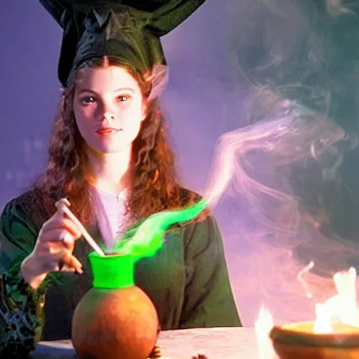 Image similar to teen witch mixing a spell in a cauldron with an owl next to her, wispy smoke, witch hat, studio photography, green glowing smoke is coming out of the cauldron, ingredients on the table, apothecary shelves in the background, still from sabrina the teenage witch
