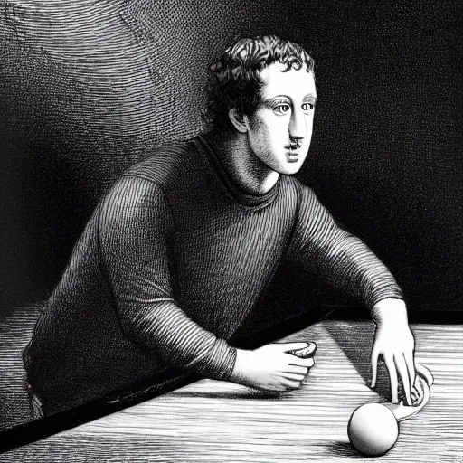 Image similar to portrait of a mark zuckerberg playing ping pong, gothic, cat eyes, hair waving in the wind, high detail, illustration by gustav dore