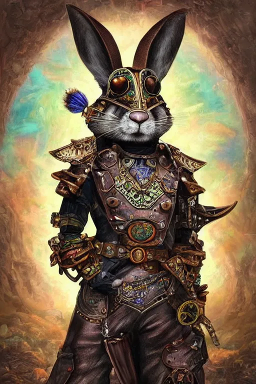 Image similar to ultra realist soft painting of a steampunk rabbit warrior, very intricate details, rainbow lighting, symmetry accurate features, fantasy background