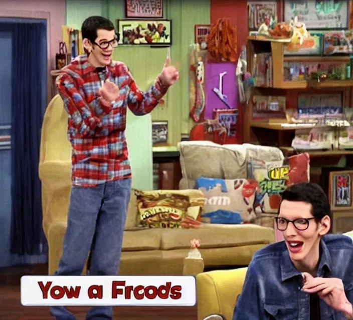 Prompt: a screenshot of neil cicierega introducing himself to the viewers in icarly ( 2 0 0 9 ), low quality