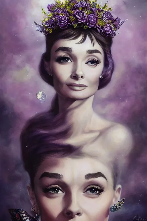 Prompt: closeup portrait fine art photo of the beauty audrey hepburn, she has a crown of stunning flowers and dress of purple satin and gemstones, symmetrical realistic eyes, background full of stormy clouds, by peter mohrbacher