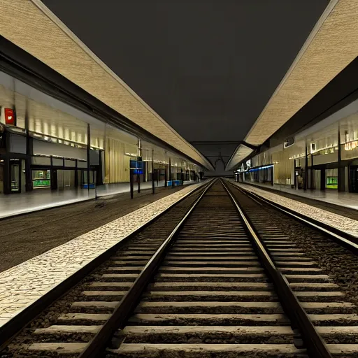 Image similar to photo of a train station, the floor is flooded with one meter deep water. eerie, volumetric lighting. highly - detailed 4 k