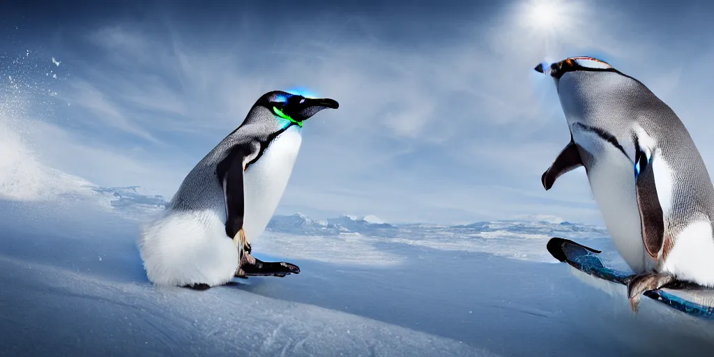 Prompt: ultrawide angle, high speed sporting photography of a penguin on a snowboard. extremely detailed, 8 k