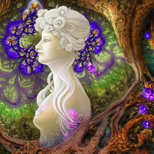 Prompt: glowing delicate flower and mushrooms that grow in a dark fatansy forest on the planet Pandora, an idealistic marble statue with fractal flowery hair in a fractal garden, symmetrical,