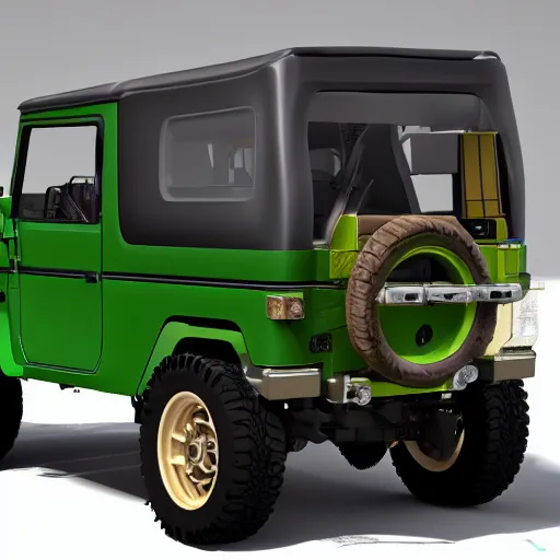 Prompt: in the style of Leonardo da Vinci a green Toyota Fj43 build in 1981, black roof, with a roof rack, detailed, in the style of Leonardo da Vinci, 8K, octane render, 8K,