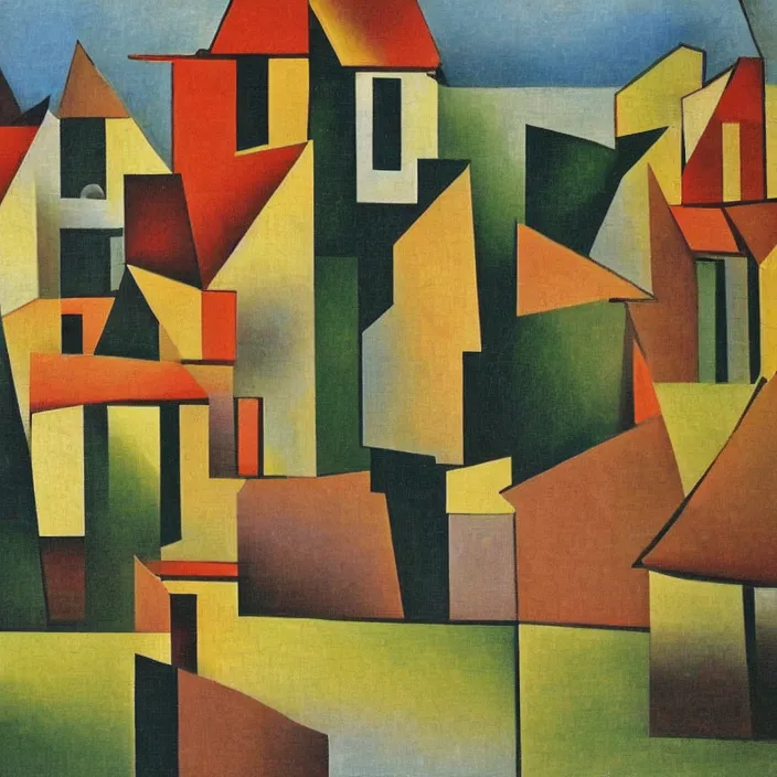 Image similar to a building in a serene landscape, cubism