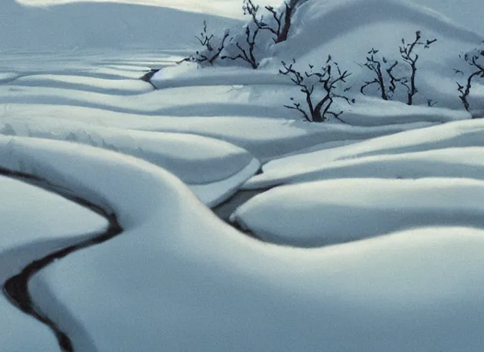 Prompt: stark minimalist frozen creek snowdrift landscape by bill watterson from mulan ( 1 9 9 8 )