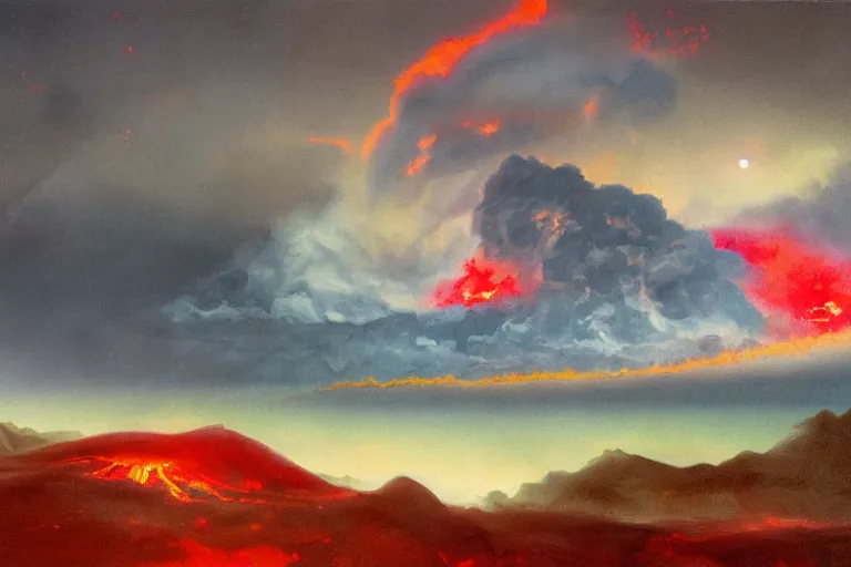 Image similar to a detailed volcanic landscape , violent clouds in the sky with glowing red eyes in the sky