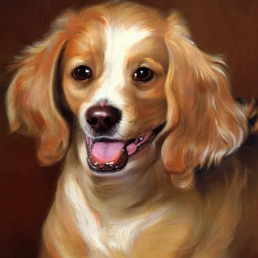 Prompt: painting of cute dog, full size, in style of peter paul rubens, photorealistic