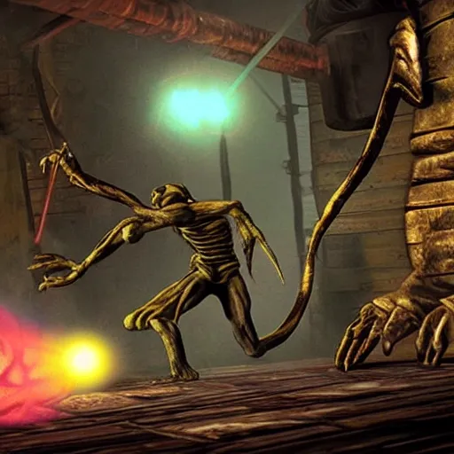 Image similar to a still from the movie enter the dragon crossover with the game oddworld : stranger's wrath