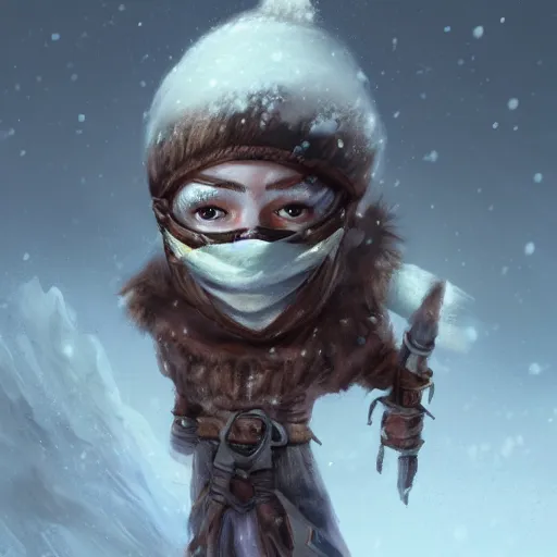 Prompt: a fantasy snow bandit from ‘ icewind dale ’ with mask, ‘ icewind dale 2 ’ profile portrait by ‘ justin sweet ’, falling snow, soft focus, illustrated, oil paint, artstation