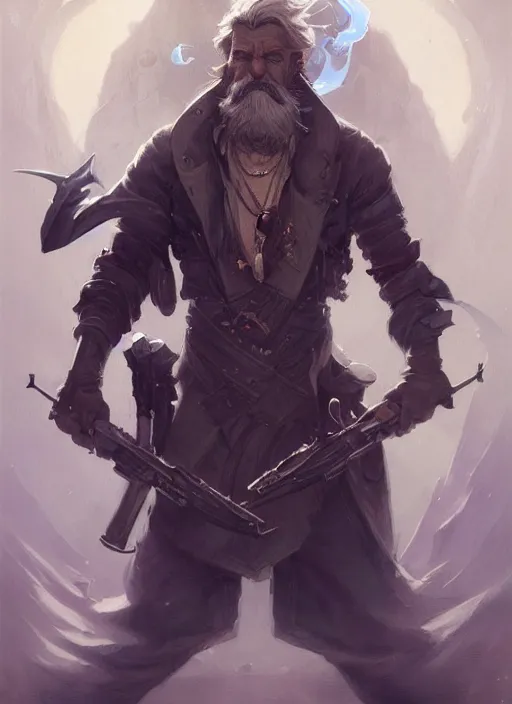 Image similar to low angle picture of a weapon master, holding a ego weapons to the camera, long black jacket, neat white beard and hair, bored, tired, smoking, ego weapons all over the place, squat down pose, highly detailed face, intricate, masterpiece, epic fantasy illustrations by peter mohrbacher and anato finnstark and jeremy lipking