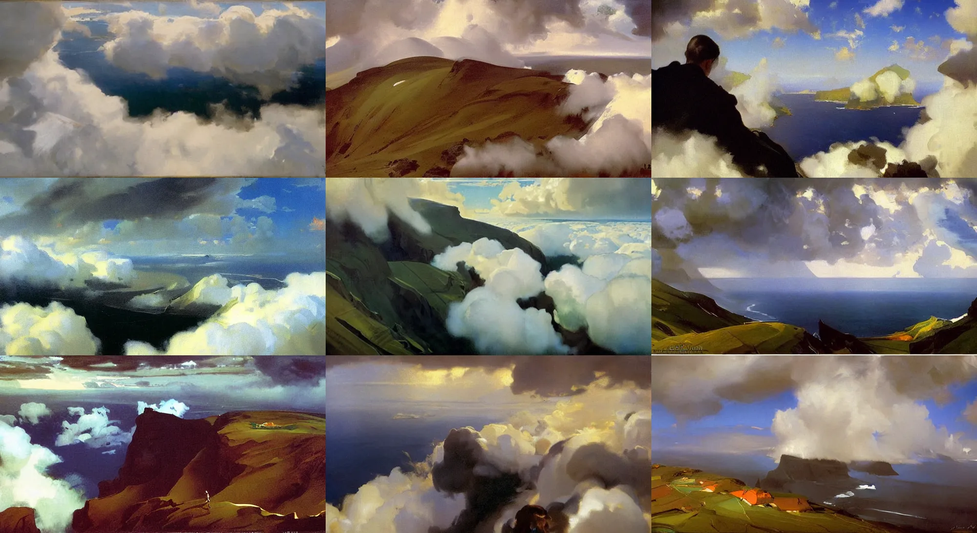 Prompt: painting by sargent and leyendecker and greg hildebrandt savrasov levitan above the layered low clouds on madeira faroe azores iceland black coast overcast storm wide angle view from above