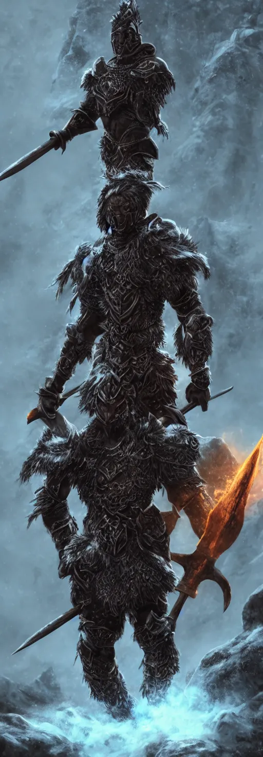 Image similar to portrait photo of a brutal melanated dark skin Warrior, wearing intricate nordic steel armour, holding a magical fiery battle-axe, sharp focus, highland landscape with few trees background, magical aura, heroic pose, fantasy style, octane render, volumetric lighting, 8k high definition, highly detailed, trending on ArtStation, centred