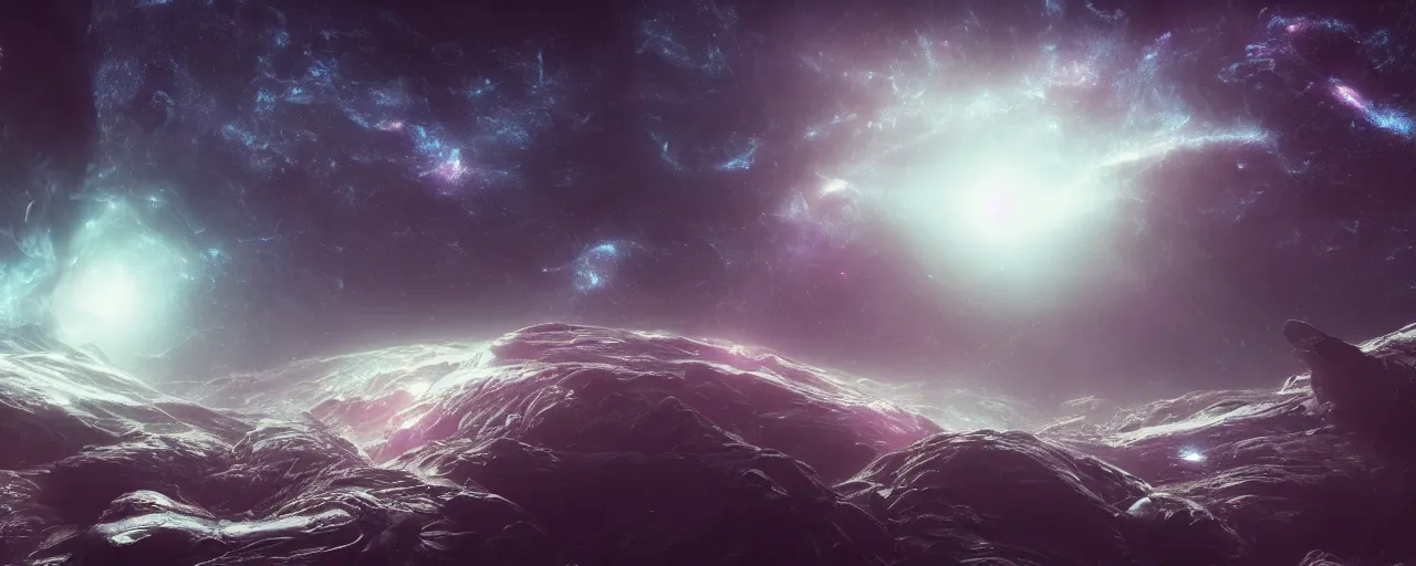 Image similar to a highly detailed dark epic swirling galaxy, space scene, dark scifi, unreal engine, octane render, detailed and intricate, global illumination, volumetric lighting