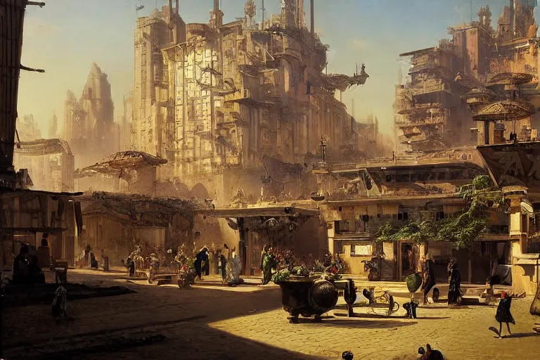 Image similar to a futuristic city in summer painted by Ludwig Deutsch and Rudolf Ernst, solarpunk,strong dramatic cinematic lighting, smooth, sharp focus, extremely detailed