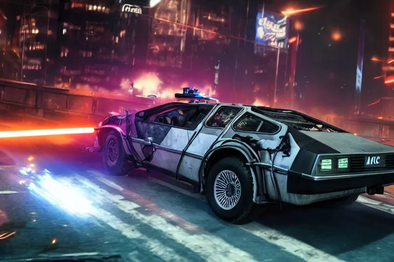 Prompt: photo of the back to the future battle combat machine gun delorean being chased by police on wet cyberpunk city streets at night, rocket league tank, mad max, action, speed, volumetric lighting, hdr, gta 5, syd mead, craig mullins, cinematic, fast and furious, octane, 8 k, iso 1 0 0, 1 2 mm