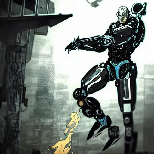 Image similar to cyborg from metal gear rising : revengeance, vintage illustration, grimdark