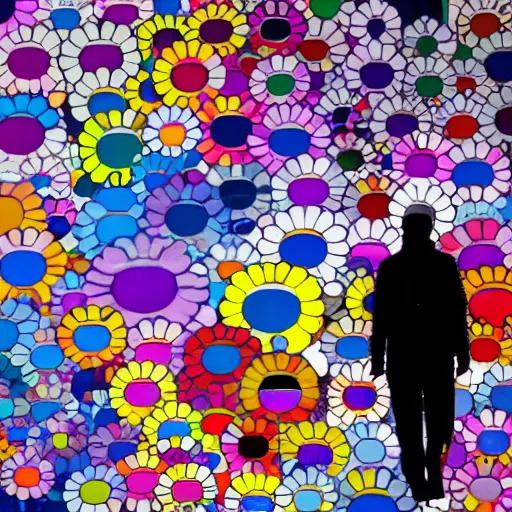 Image similar to man walking across bridge, bright colors, Takashi Murakami, Minimalist,