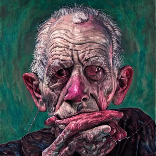 Image similar to macabre magic realism portrait of dying, old man sitting in chair and melting into unreal colors : : oil painting by ivan albright