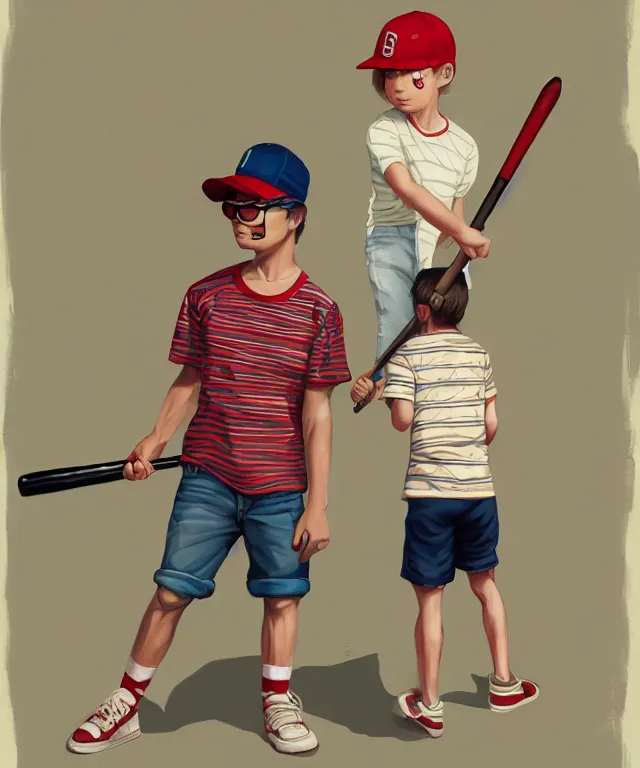 Image similar to a young boy wearing a horizontal striped shirt and a red baseball cap and jean shorts, holding a baseball bat, centered composition, digital painting, artstation, concept art, sharp focus, octane render, illustration, art by geof darrow,