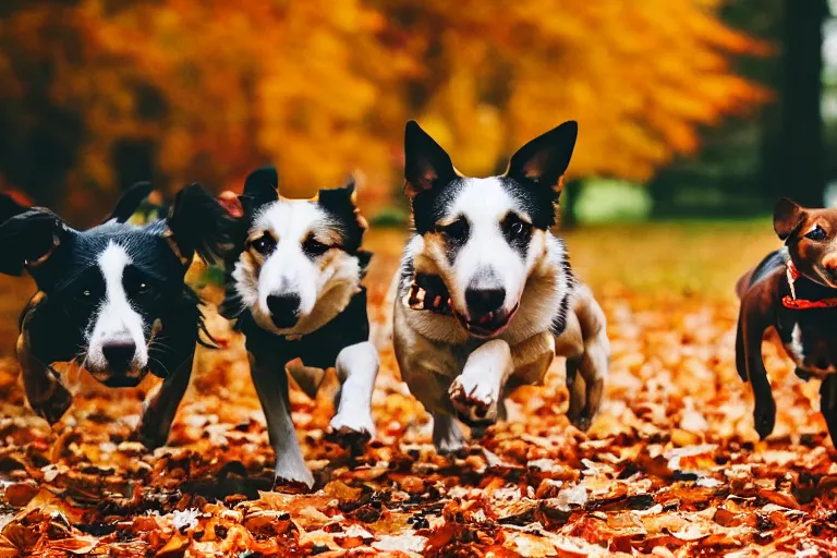 Image similar to dogs running through autumn leaves towards the camera