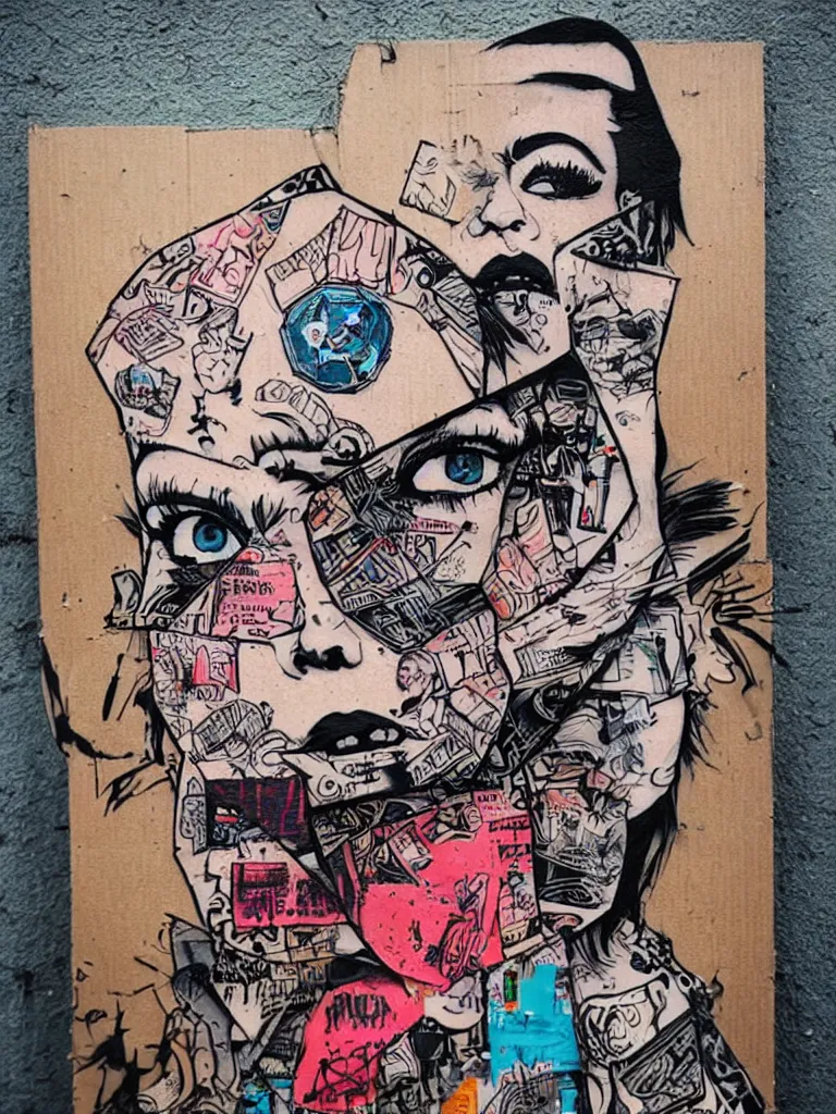 Prompt: a multilayered mixed media on cardboard street art bursting with nostalgic pop culture references, punk symbols and tattoo designs, art by stikki peaches