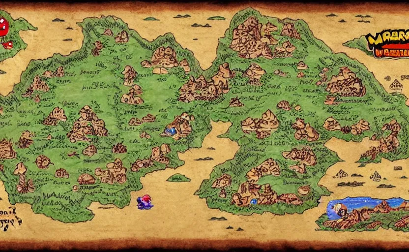 Prompt: super mario world map, antiquated, stained, cartography, photorealistic