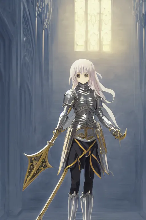 Prompt: anime key visual concept art of anime female knight standing in the doorway of a grand chapel, silver armor with gold trims, warscythe holstered on her back, trending on artstation, brush strokes, oil on canvas, style of kawacy and makoto shinkai and greg rutkowski and studio ghibli