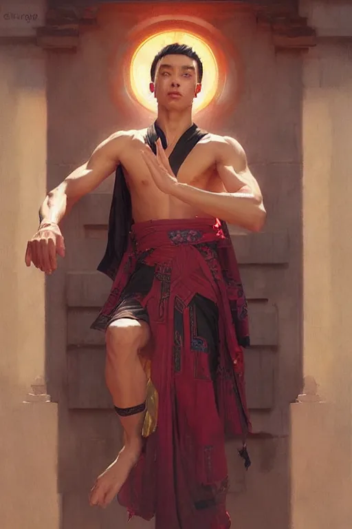 Image similar to male, temple, taoism, painting by greg rutkowski, j. c. leyendecker, artgerm