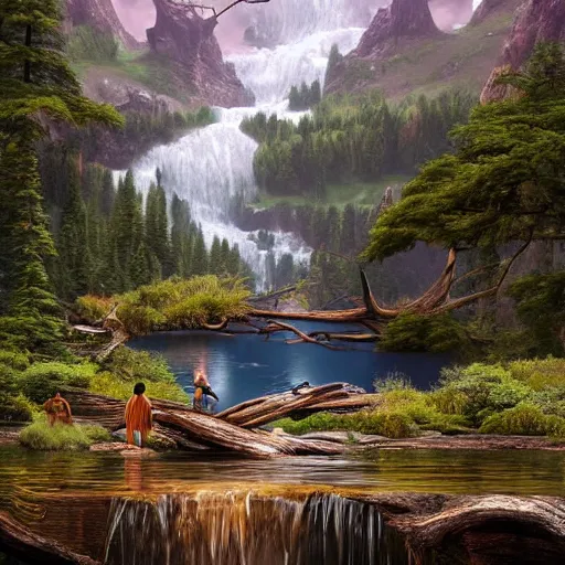 Prompt: mountain lake in sierra nevada, mountain with a waterfall in the background, deers drinking water in the lake, old fallen tree half - submerged into the lake, illustration, epic, fantasy, intricate, hyper detailed, artstation, concept art, smooth, sharp focus, ray tracing, vibrant, photorealistic, jessica rossier, albert bierstadt