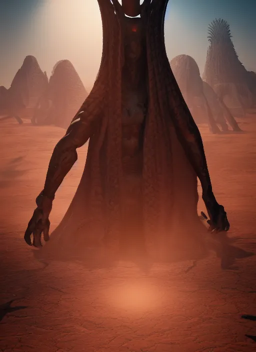 Image similar to nyarlothotep the black pharoh. tall, striking figure. standing in a desert of skulls. digital matte painting. rim light, beautiful lighting, 8 k, stunning scene, raytracing, octane, trending on artstation, lush colors.