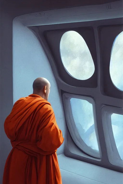 Image similar to portrait of a monk in a spaceship, looking out of a round window, orange robe, dramatic lighting, artstation, matte painting, ralph mcquarrie